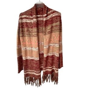 Tea n Rose Sweater Tan‎ Red Fringe Boho Striped Knit Longsleeve Size Small